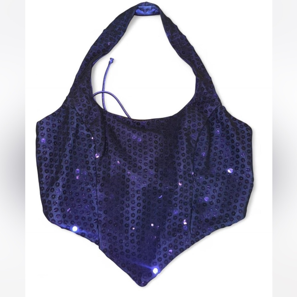 Blue Sequin Halter Crop Top Y2K Party Festival